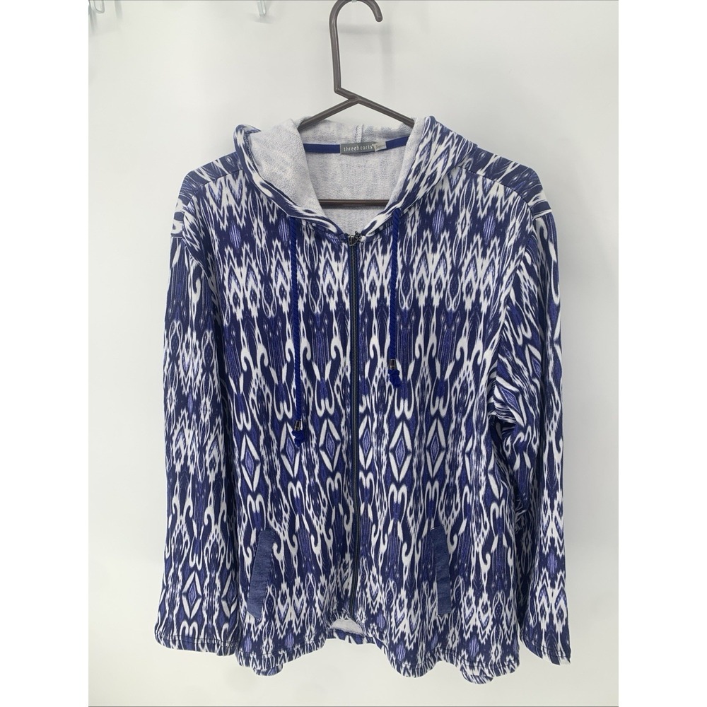 Three Hearts Women's  Zip Up Terry Jacket Size XL Lightweight Blue Print Chicos